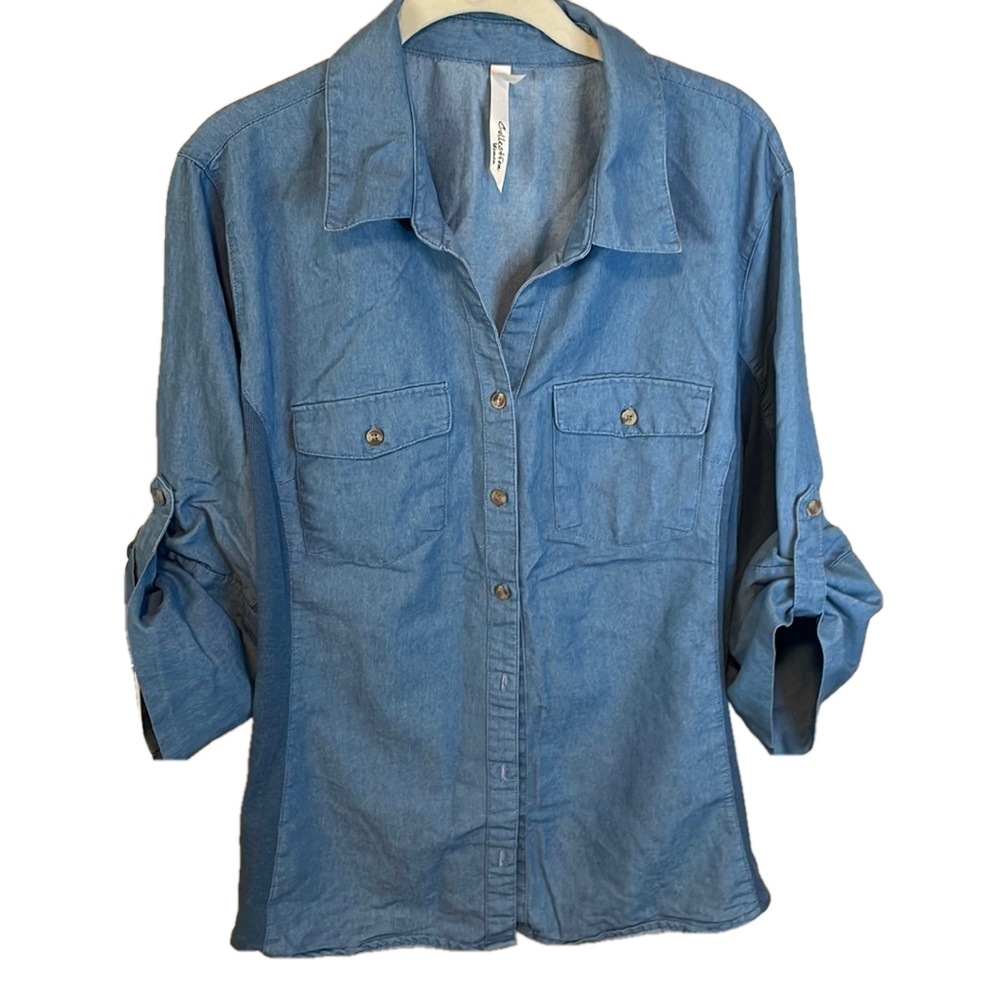 NY Collection Blue 3/4 Sleeve Wide Button Cuffs Ribbed Sides Blouse No Size Tag